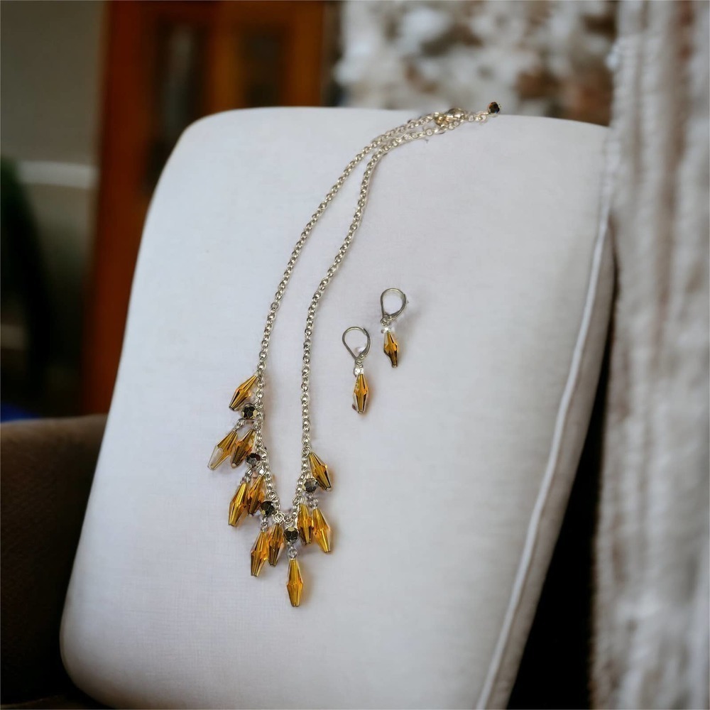 Emily Ray Demi-Parure Earrings Necklace 925 Silver Glass Bicone Beads Signed